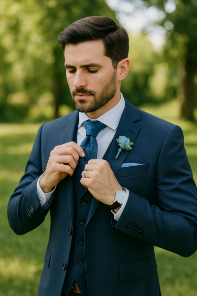Marié en costume sur mesure ajustant sa lavallière bleue – tradition du mariage chez I-Gilles à Aix-en-Provence.